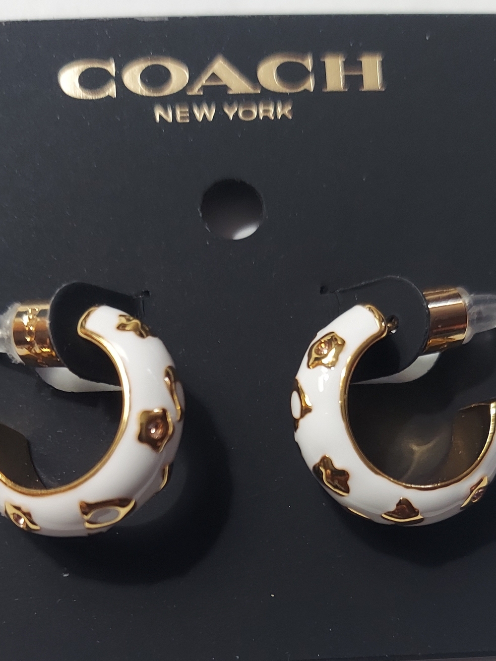 COACH White and Gold Enamel Floral Hoop Earrings